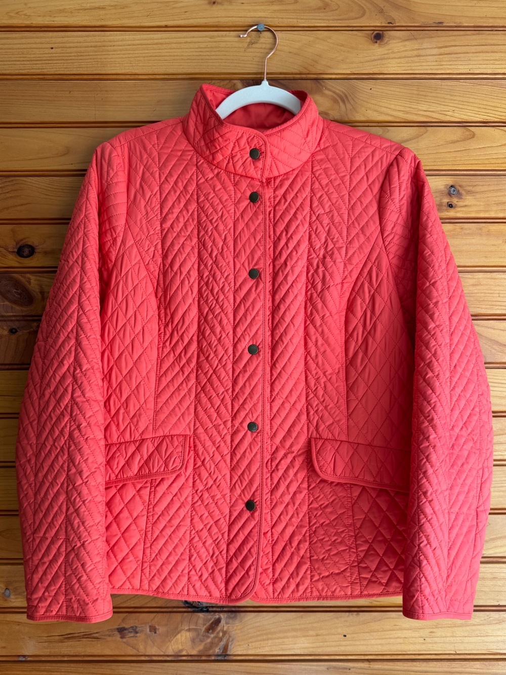 Talbots Quilted Barn Jacket S Coral Orange Equestrian Country Club Plaid Lined